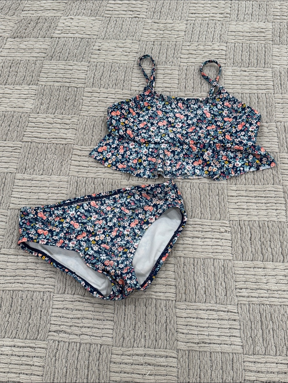 Oshkosh Floral Ruffle Two-Piece Swimsuit - Navy with Pink & White Flowers